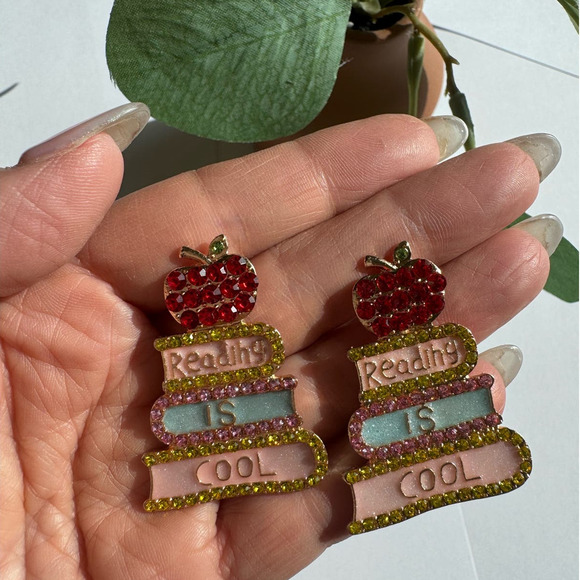 NEW Reading is Cool Crystal Adorned Stud Earrings Books Apple Teachers Gift - Picture 1 of 4